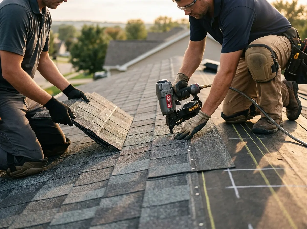 Professional roofer working on a residential roof in Columbus